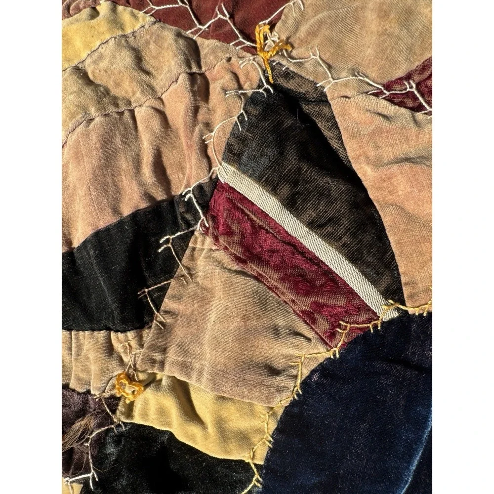 Antique Victorian Crazy Quilt Velvet Silk Hand Stitched‎ Painted 77x71 c1885